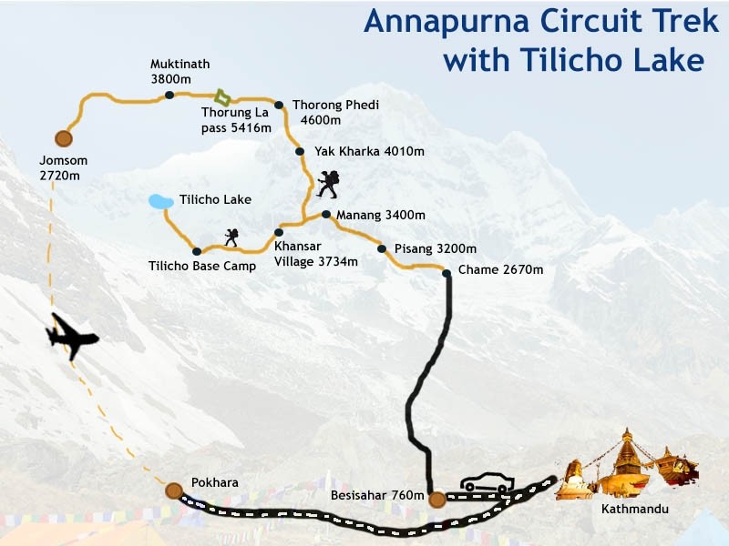 Annapurna Circuit Trek via Tilicho Lake 15 Days routemap